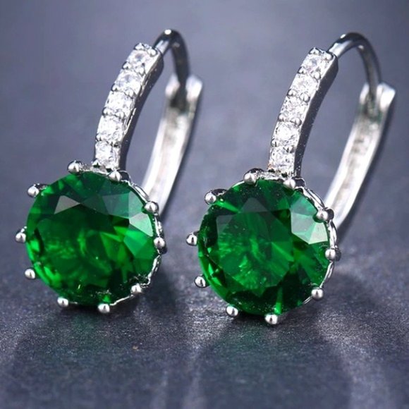 Jewelry - Cubic Zirconia Green Stud Hoop Circle Circular Earring CZ Round Cut Silver